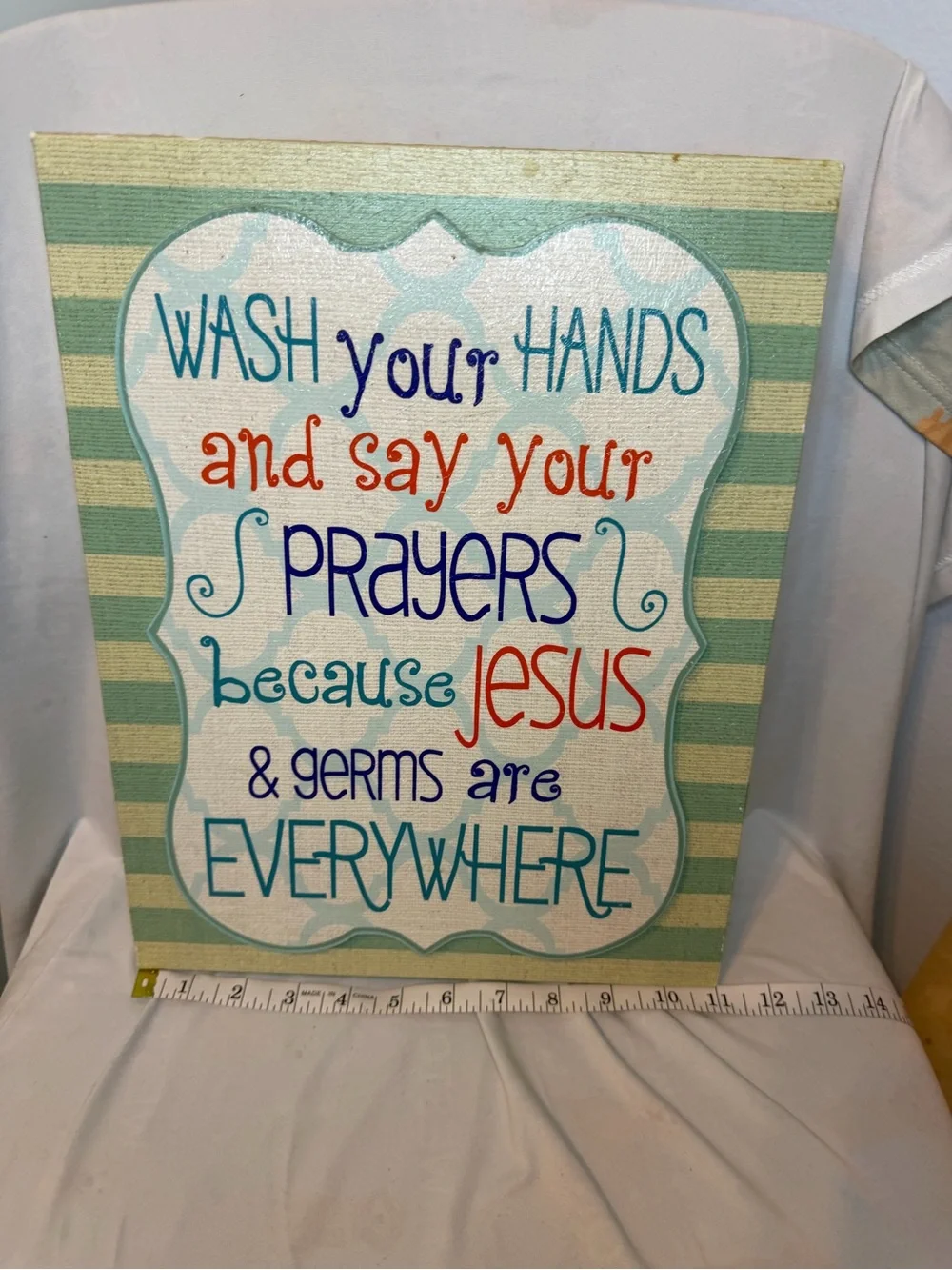 Green Striped Inspirational Wall Art - Wash Your Hands and Say Your Prayers